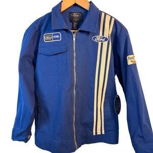 Ford Motor Mechanic Racing Jacket Mens Blue Forever 21 Patches Stripes Small